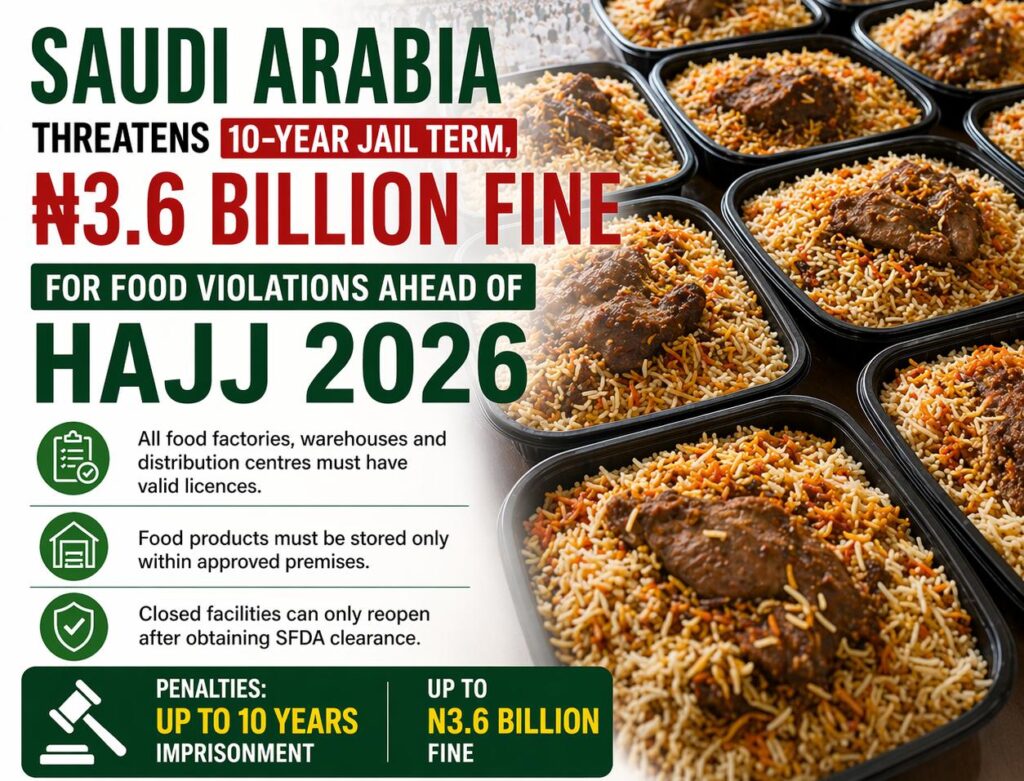 Hajj 2026: Saudi Threatens 10-Year Jail Term, N3.6bn Fine for Food Safety Violation